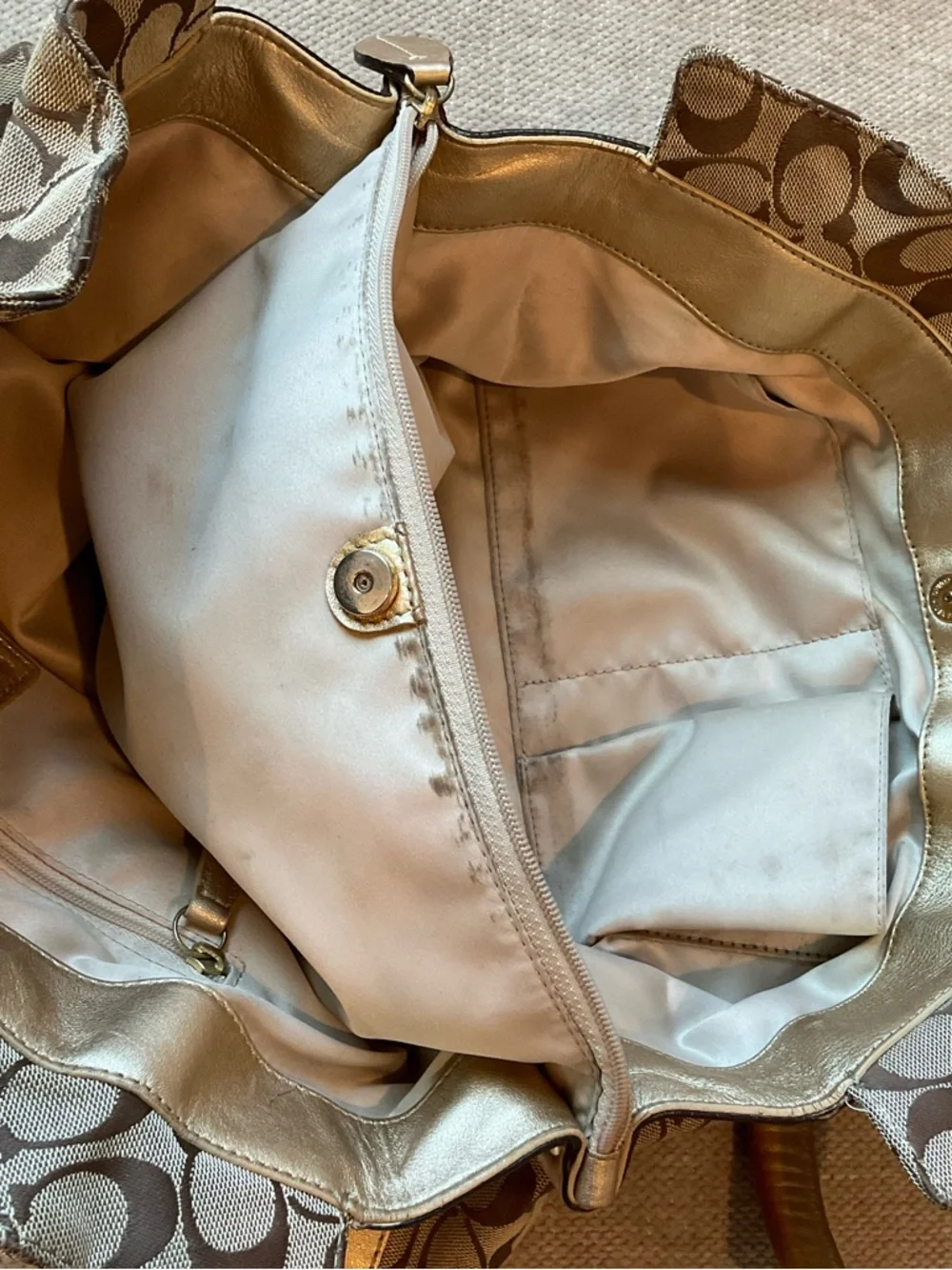 COACH Signature Canvas Satchel/Tote in Khaki/Gold/Brown - Picture 6 of 13